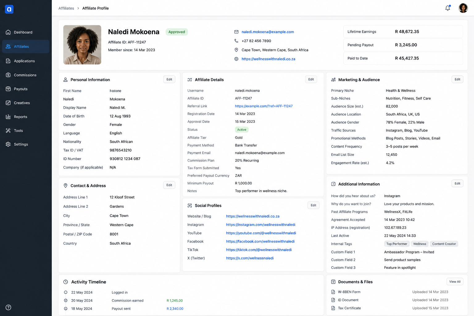 AffiliateHQ affiliate profile view showing the stored contact, tax, and payment fields on one record