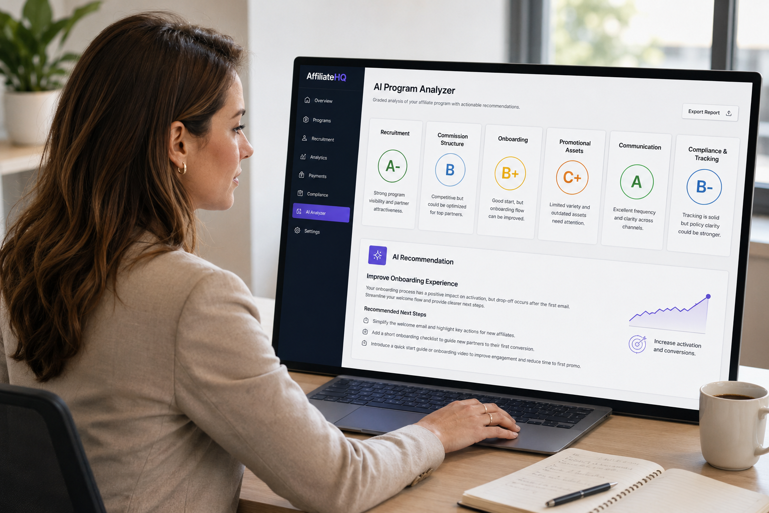 AffiliateHQ AI Program Analyzer showing six graded categories and an expanded recommendation for an affiliate program