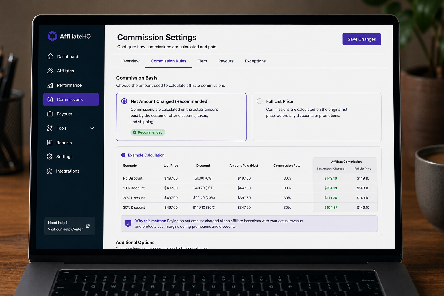 AffiliateHQ commission settings screen showing commission calculated on the net amount the customer pays rather than the full list price