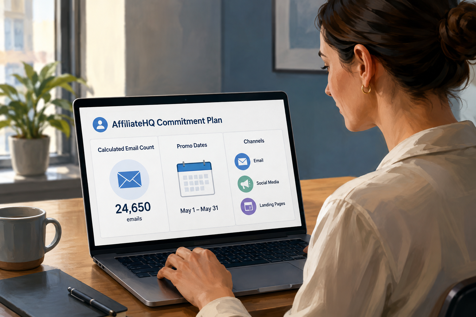 AffiliateHQ Commitment Plan showing calculated email count, promo dates, and channels for an affiliate promotion