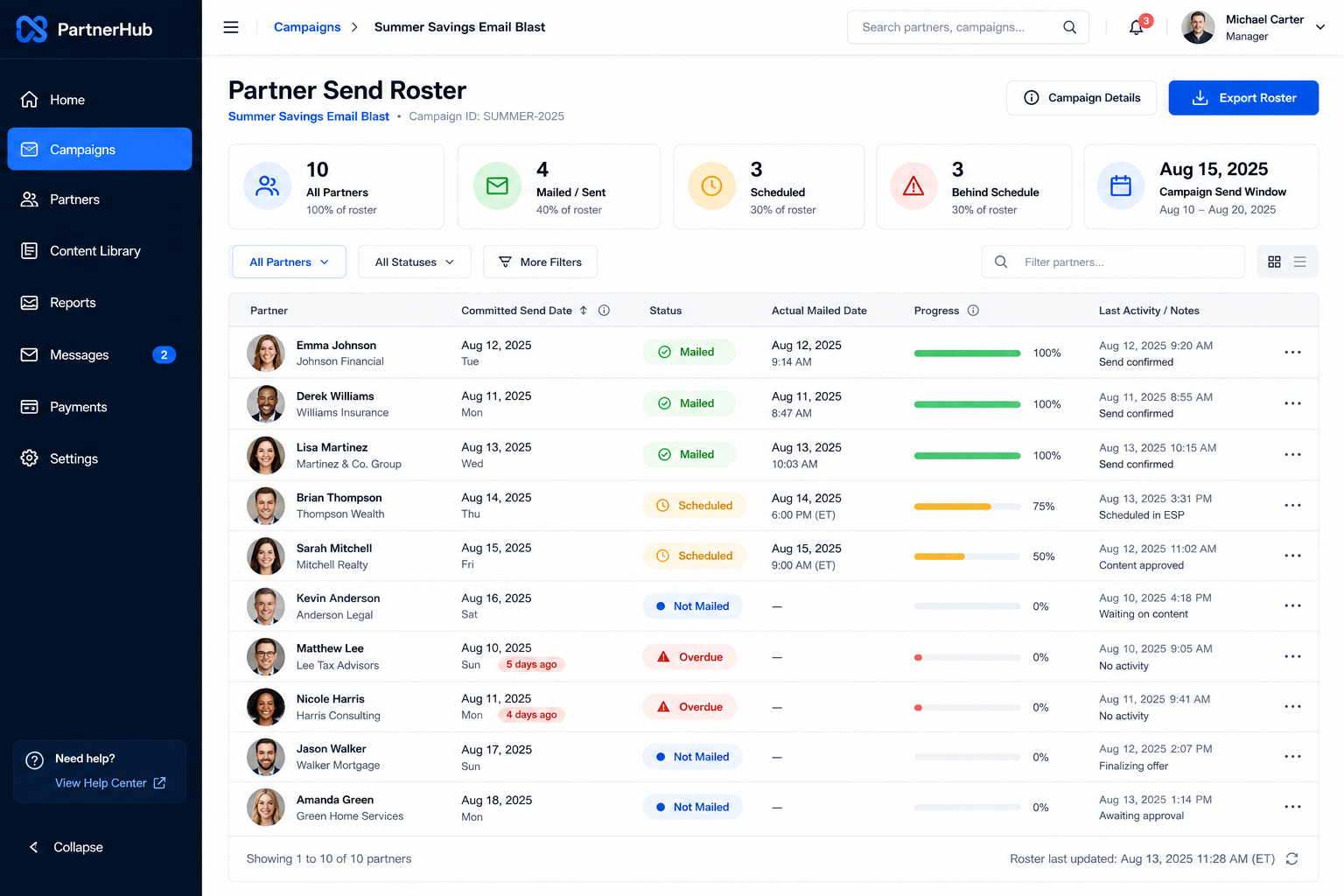 AffiliateHQ Commitment Plans roster showing each partner's committed send dates and which ones have mailed