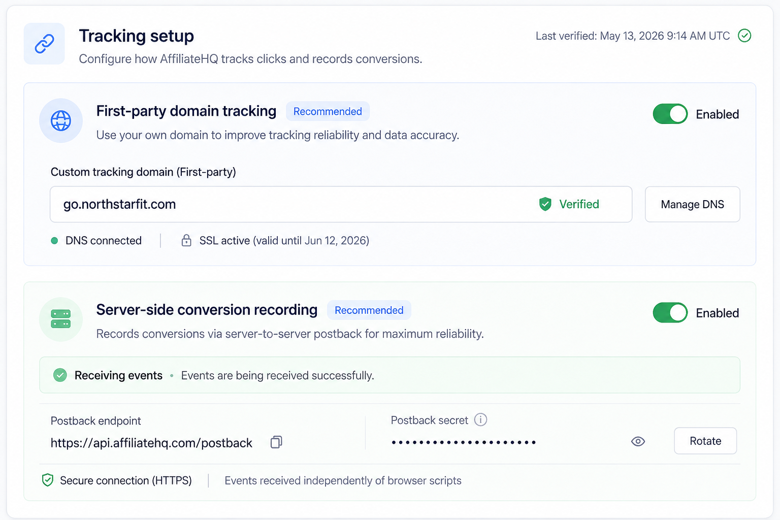 AffiliateHQ tracking settings panel showing first-party domain tracking and server-side conversion recording enabled