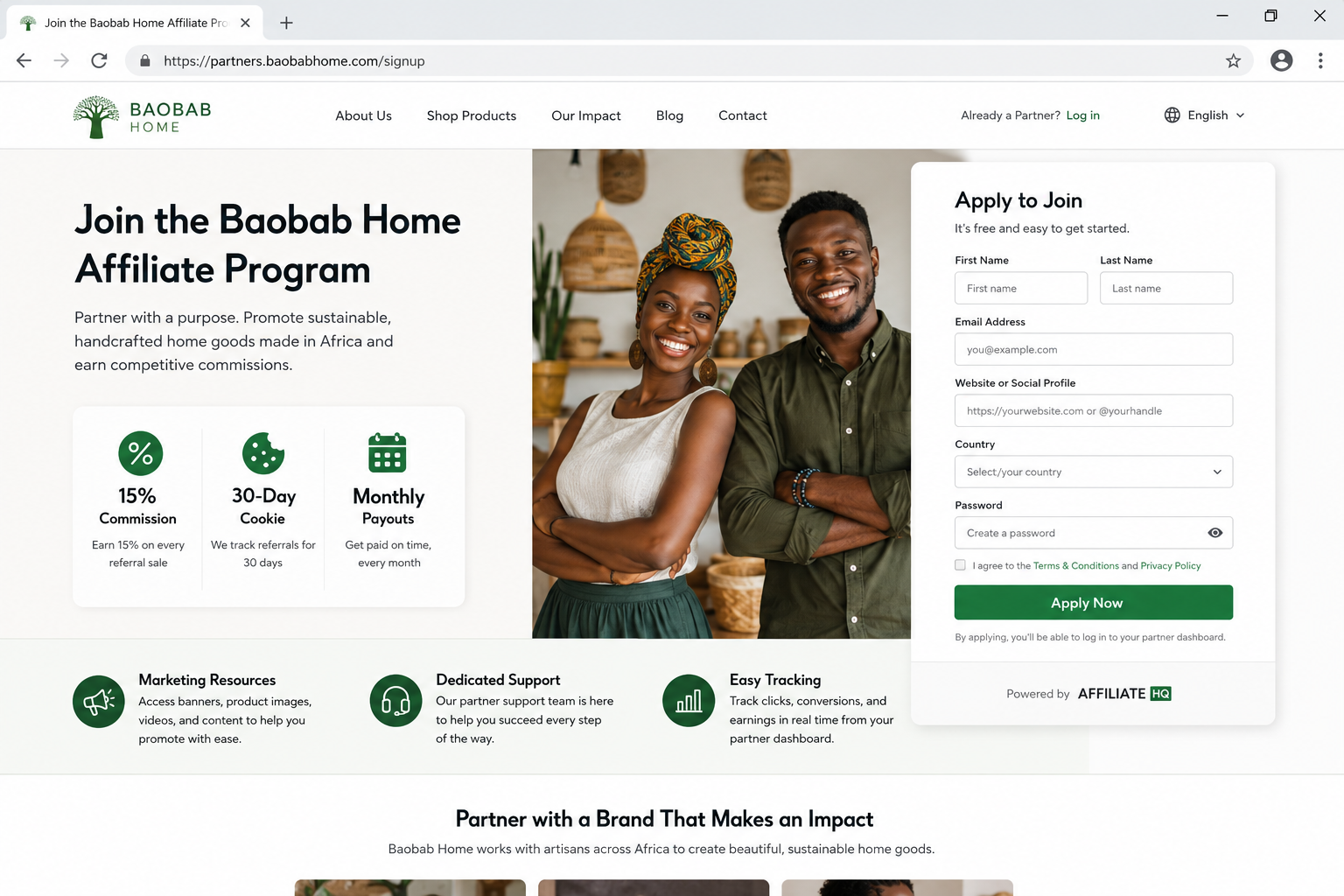 Hosted affiliate signup page in AffiliateHQ branded for a business