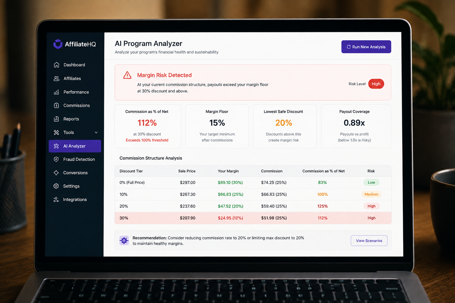 AffiliateHQ AI Program Analyzer flagging a commission payout that exceeds the margin floor at a discounted price
