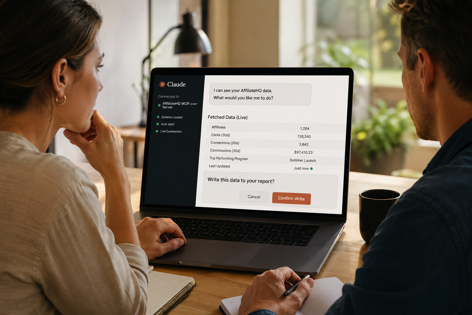 Claude pulling live affiliate program data through the AffiliateHQ MCP server and pausing for write confirmation