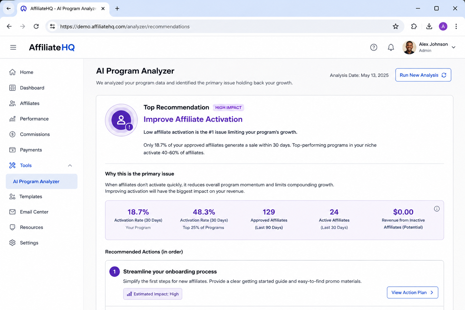AI Program Analyzer in AffiliateHQ identifying low affiliate activation as the primary issue