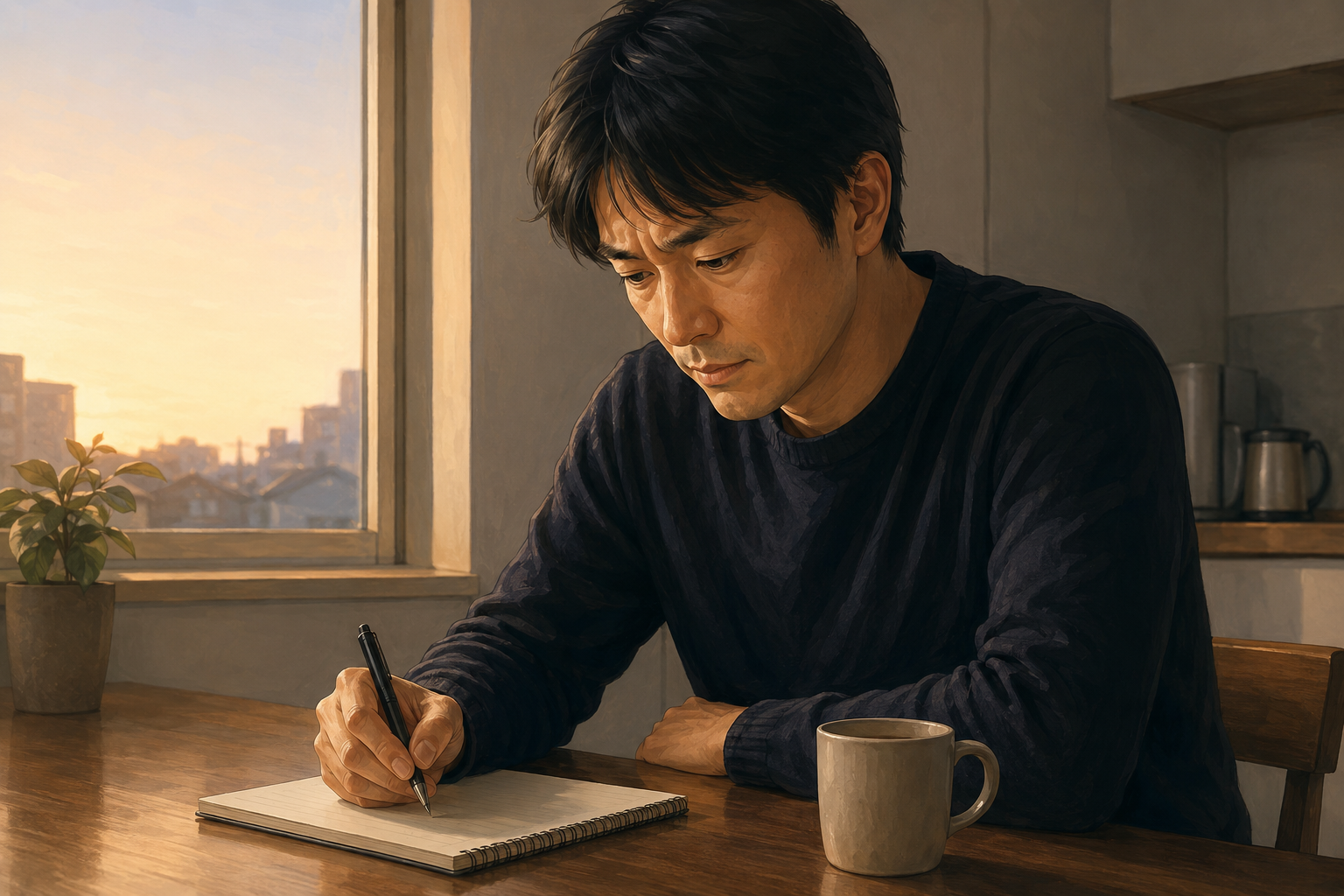 Agency owner working through numbers on a notepad at a kitchen table early morning