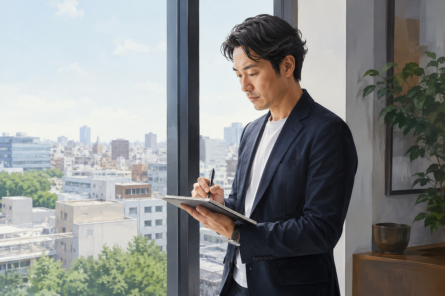 Agency owner listing next steps on a notepad beside a bright window