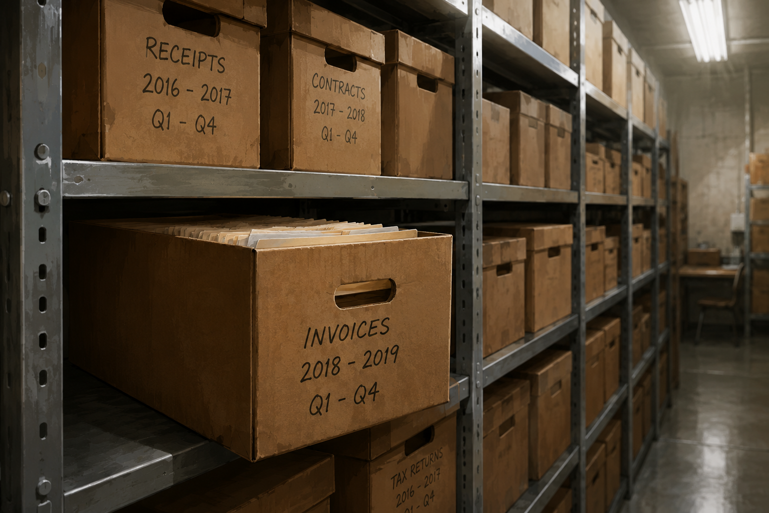 Labeled archive boxes on metal shelving
