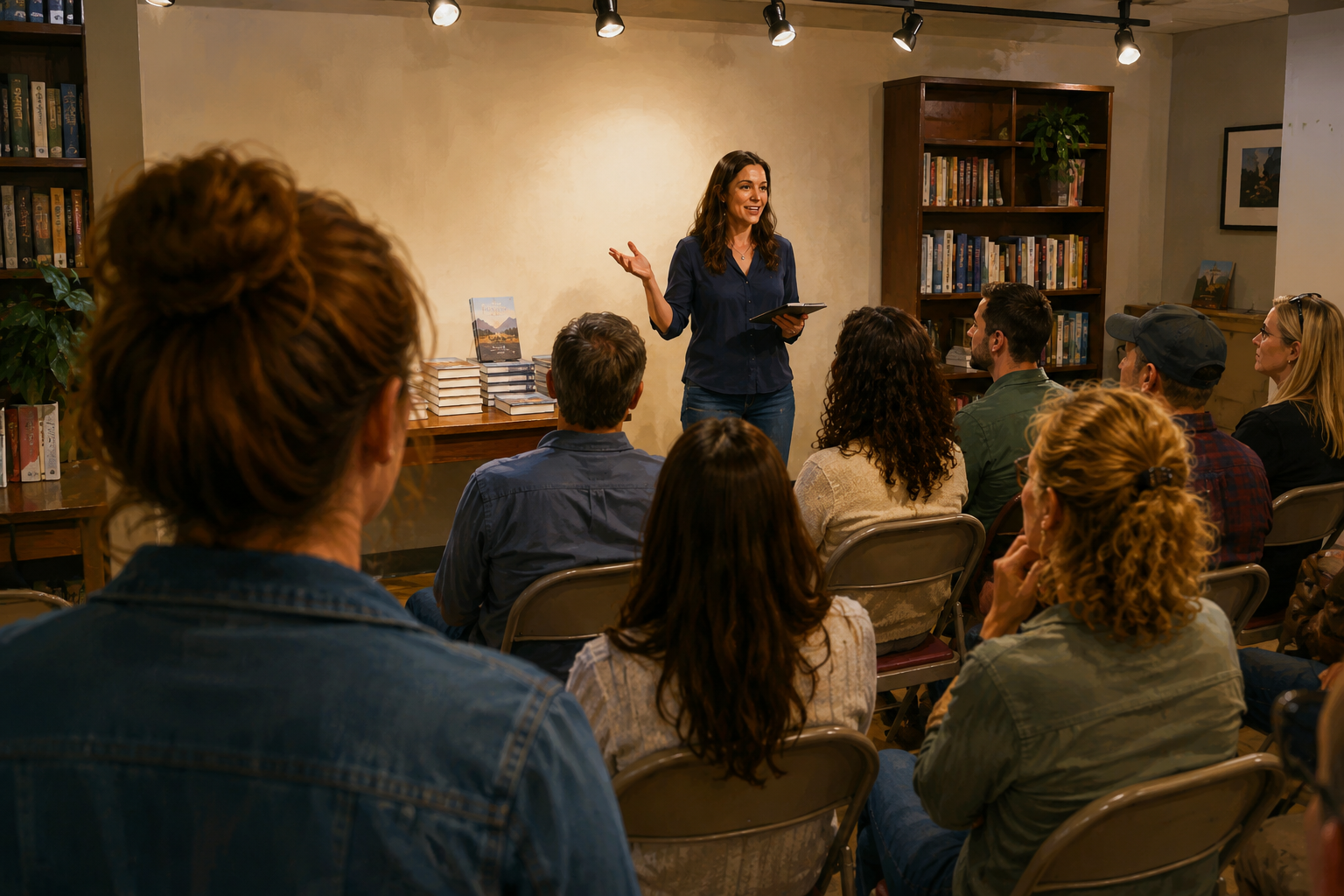 Author answering questions from a small group at a bookstore event