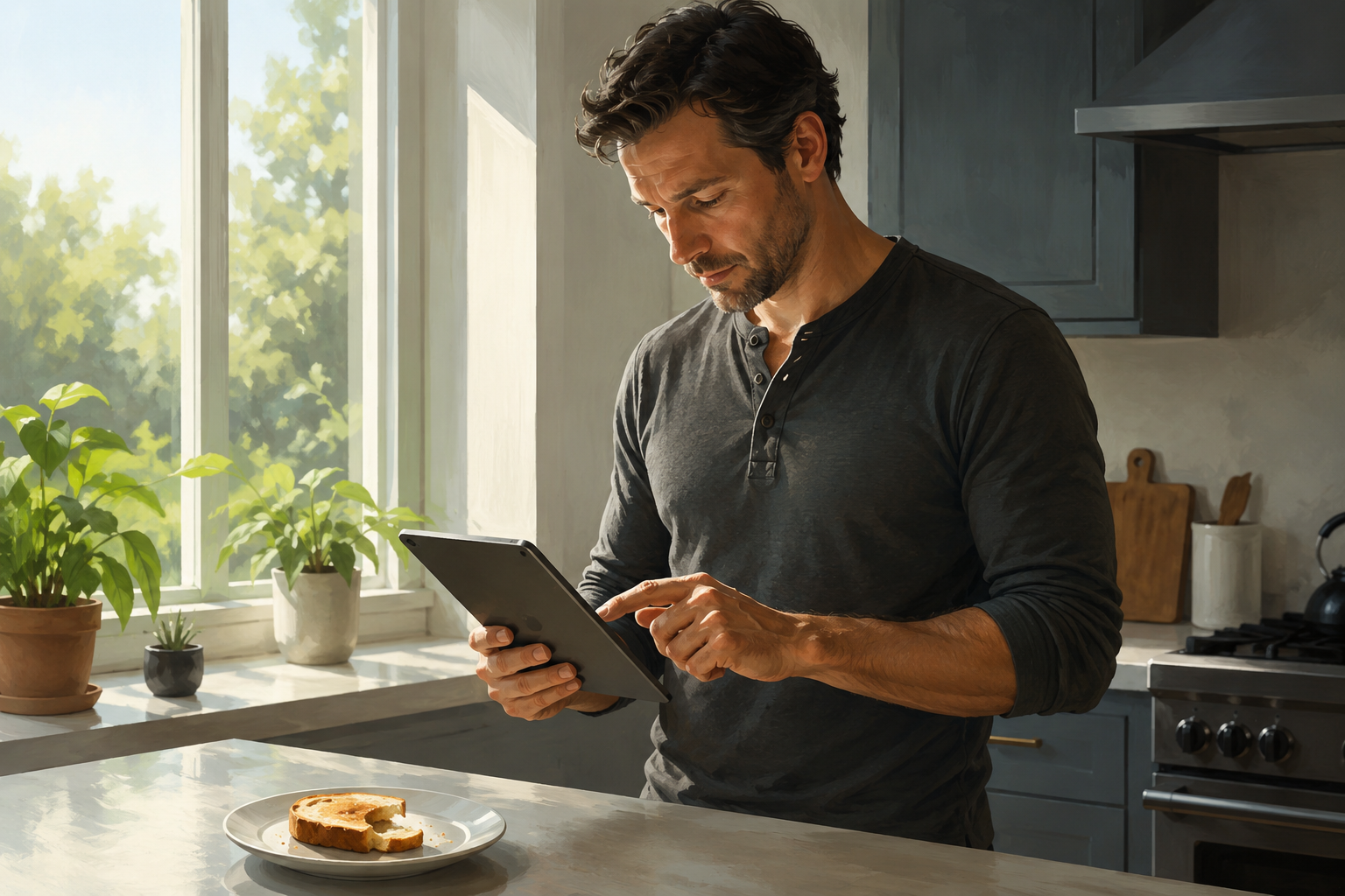 Author reviewing options on a tablet while standing at a kitchen counter