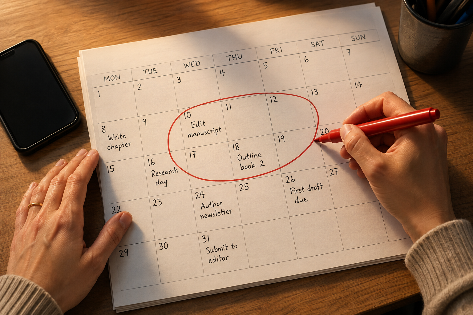Close-up of hands marking launch dates on a paper wall calendar