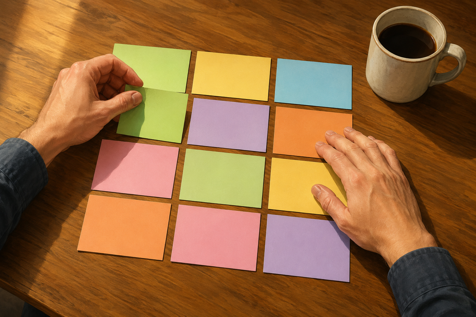 Hands laying out planning cards on a kitchen table