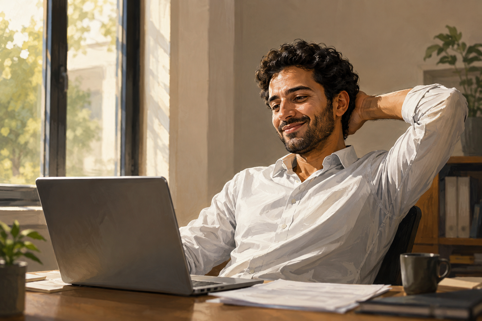 Business owner at a desk reviewing numbers on a laptop with a relieved expression