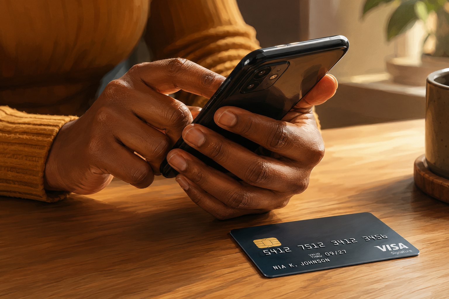 Close-up of hands holding a phone while searching for a product to buy