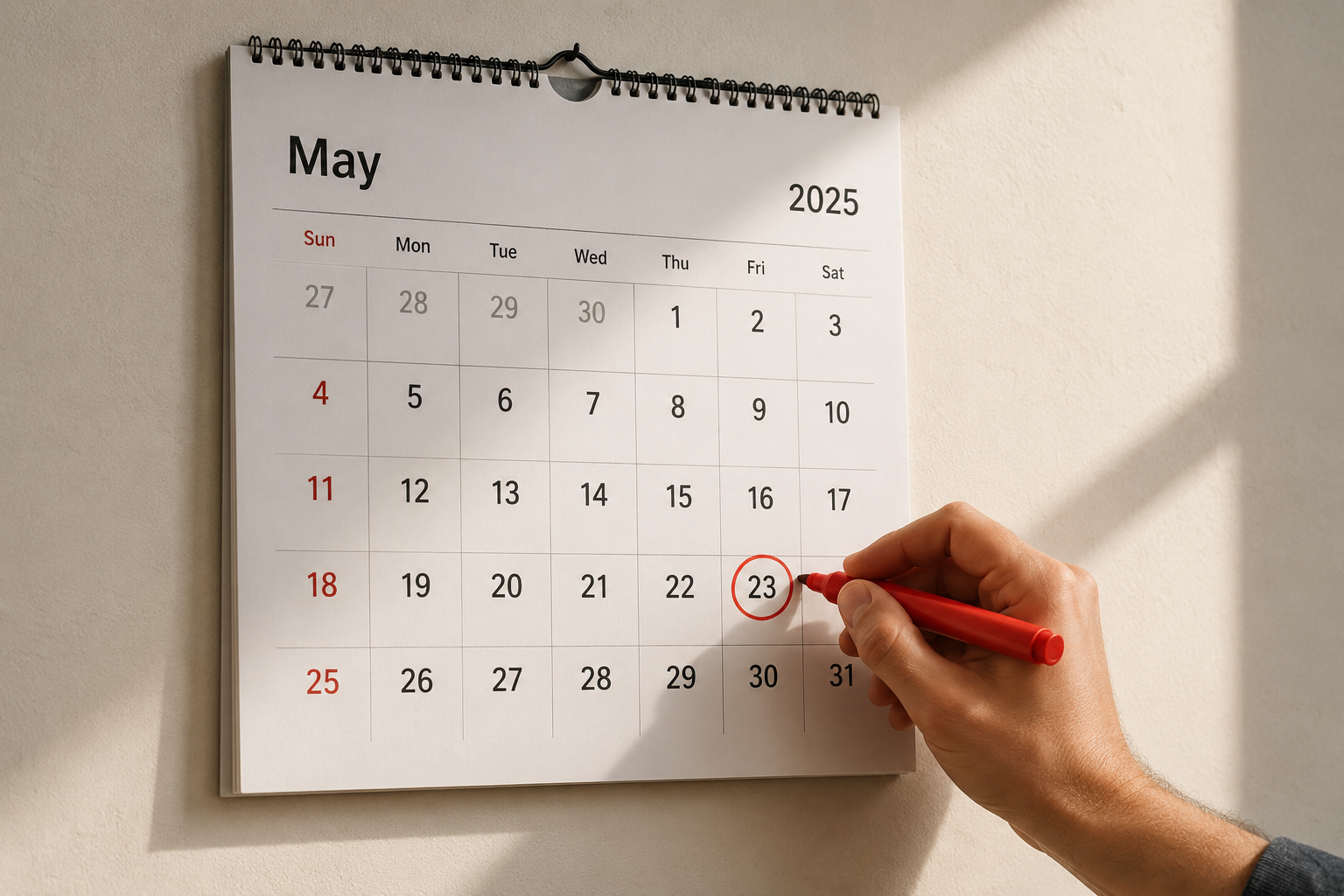 Wall calendar with a circled payment date