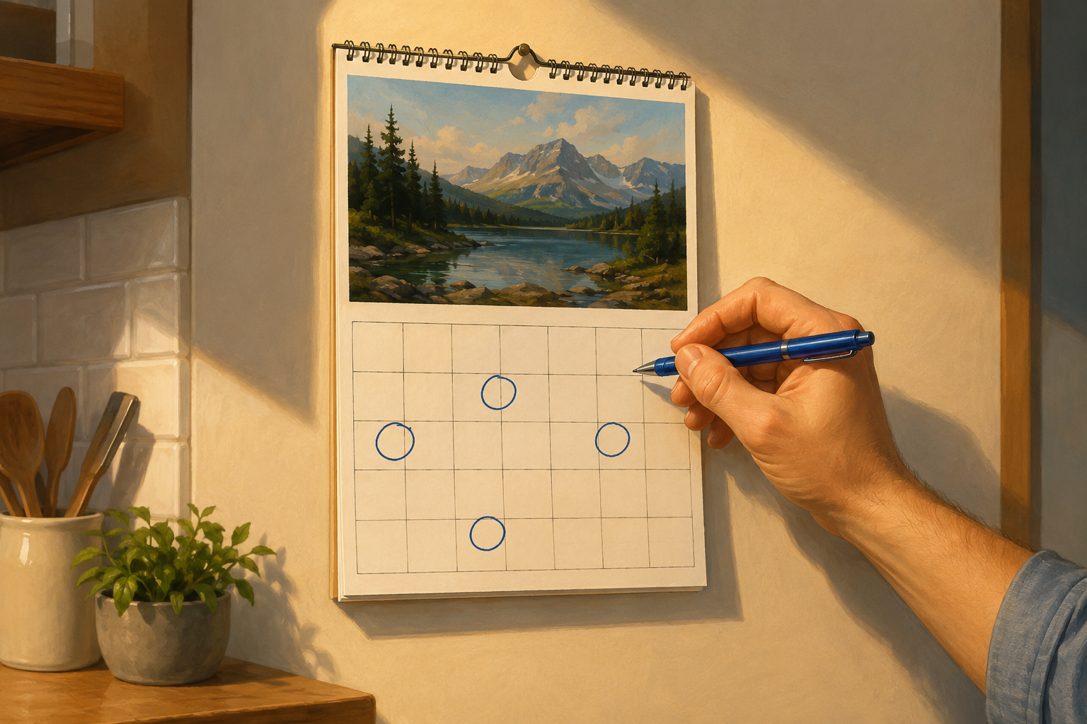 Wall calendar with dates circled in pen