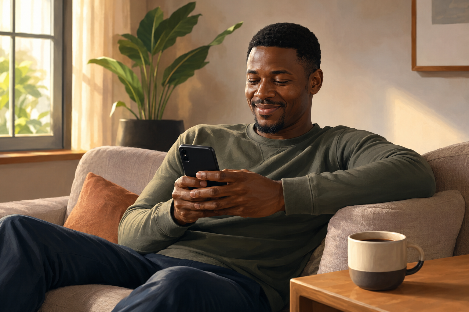 A man checking his phone with a pleased expression while relaxing on a couch at home