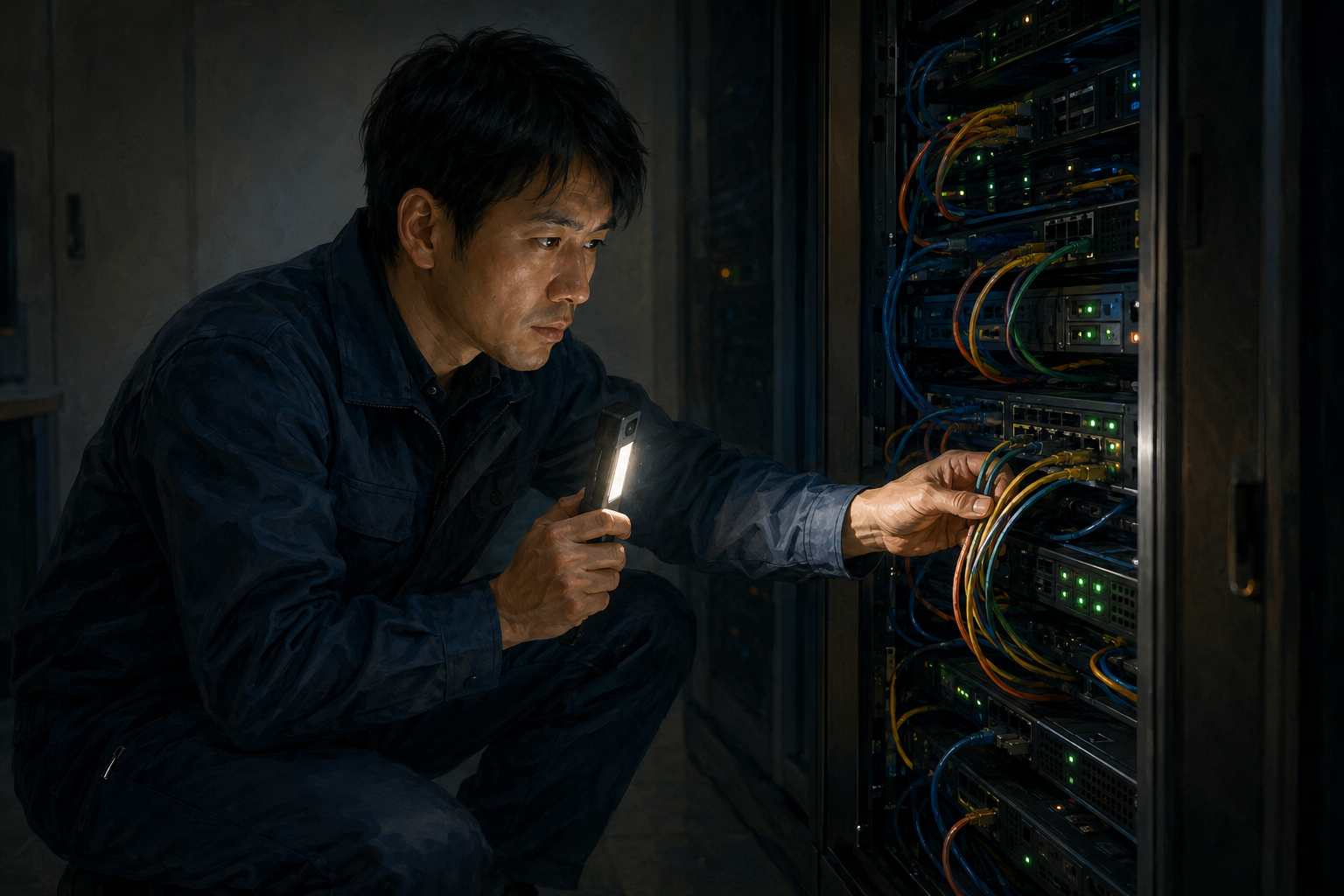 Technician checking cables and indicator lights on a server rack