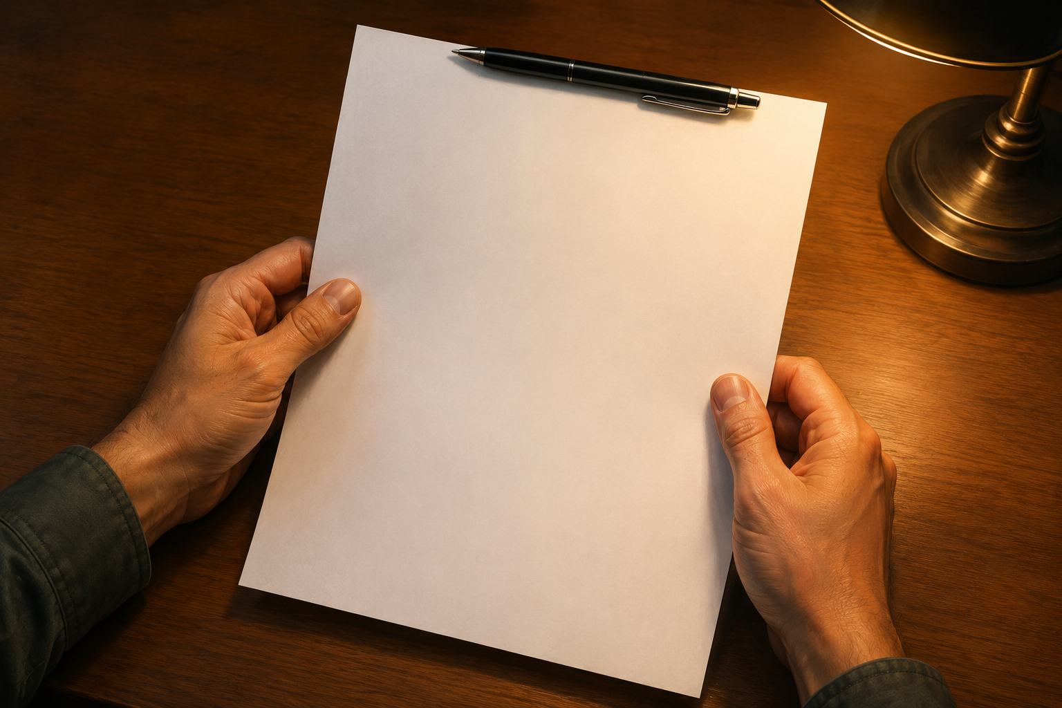 Close-up of hands holding a printed document with a pen resting on top