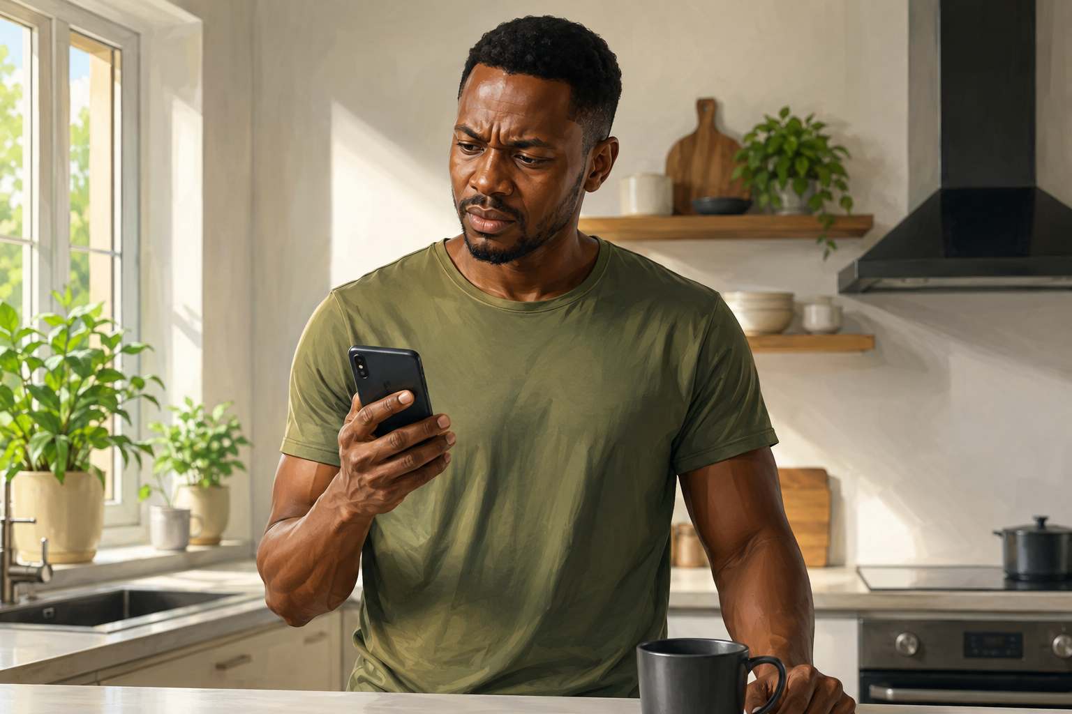 A person looking mildly puzzled while reading a message on their phone in a bright kitchen