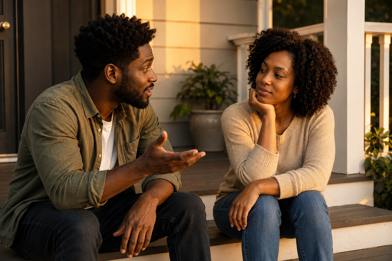 Two people in conversation on a porch, one gesturing while explaining