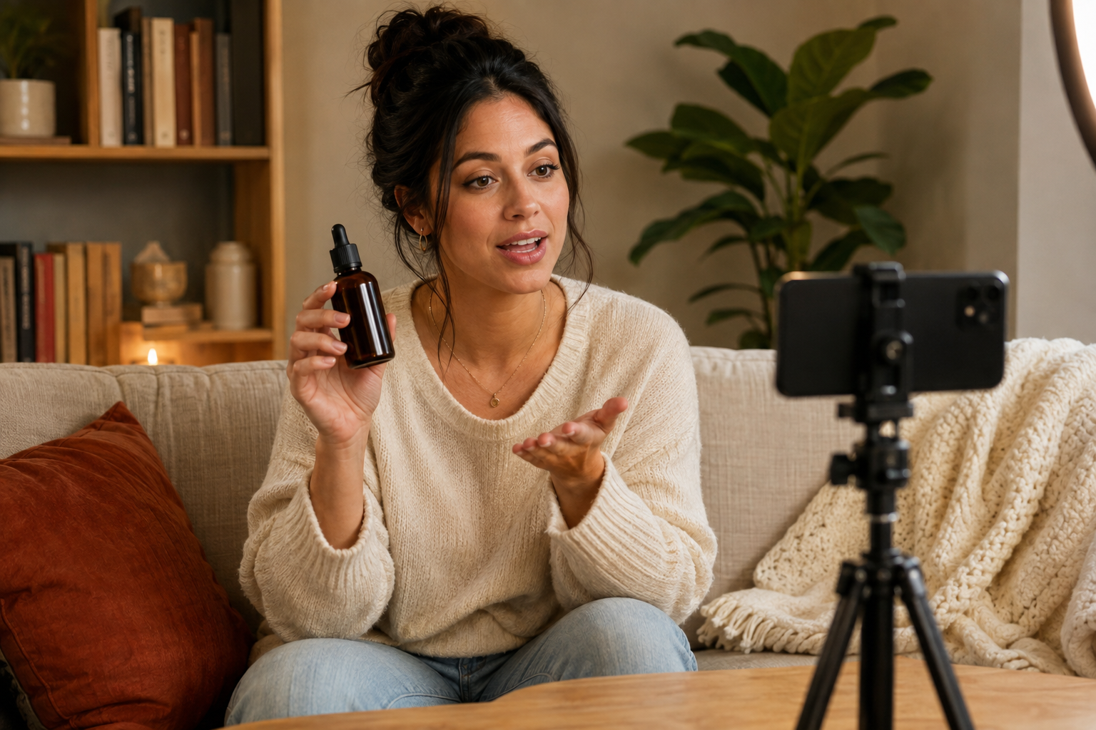 Creator recording a product video in a living room