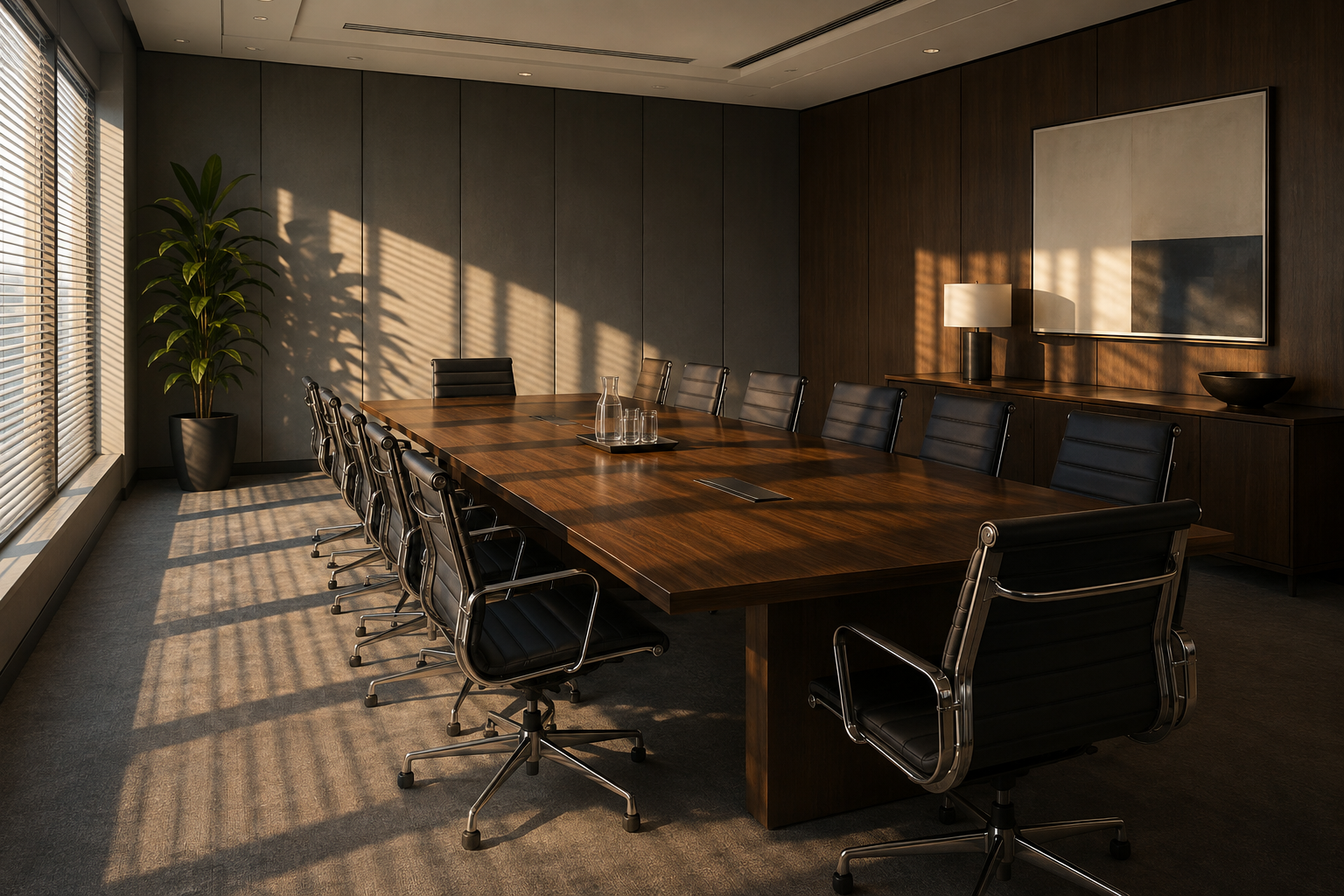 Quiet meeting room with empty chairs in morning light