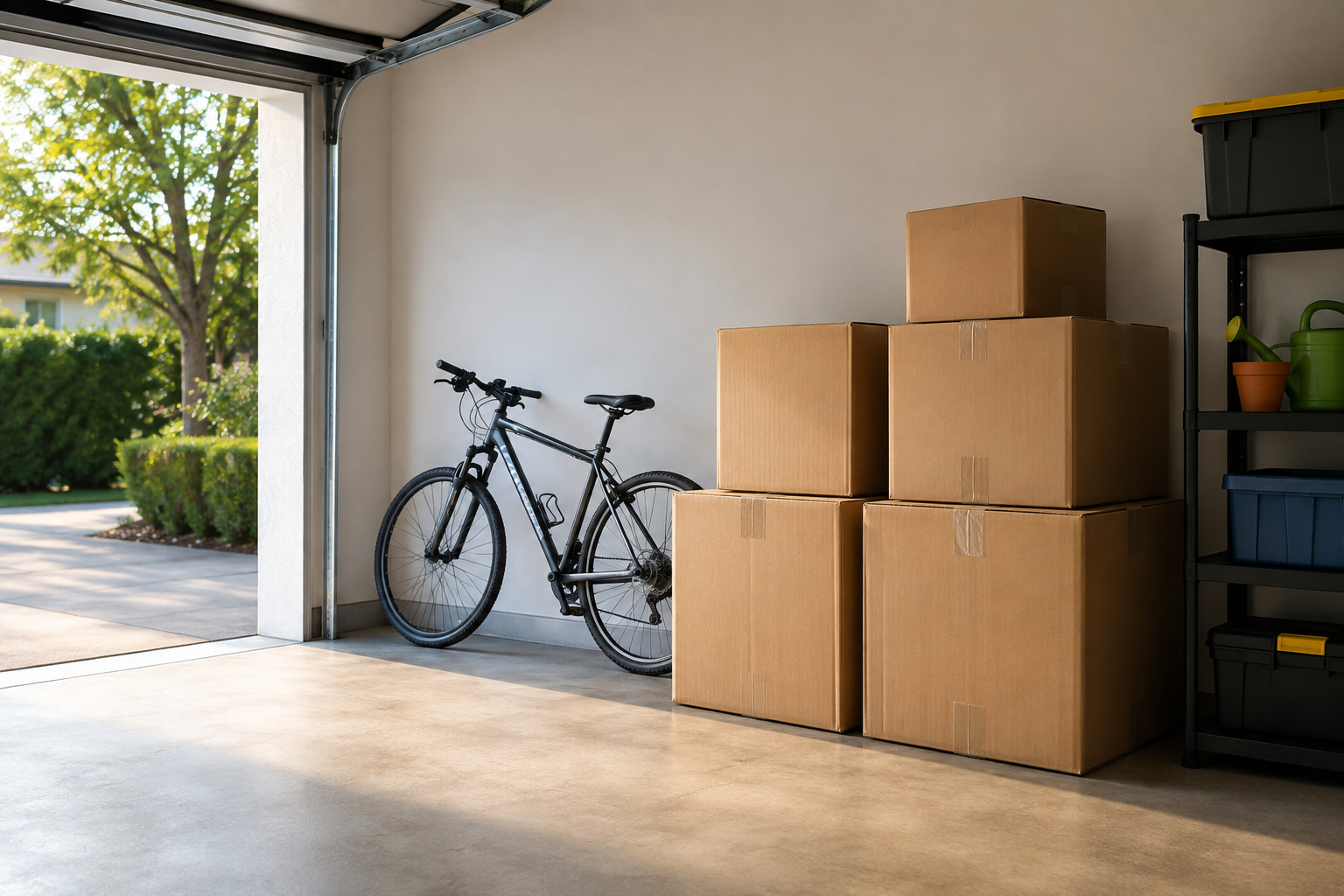 A tidy garage with a few unopened cardboard boxes stacked against the wall