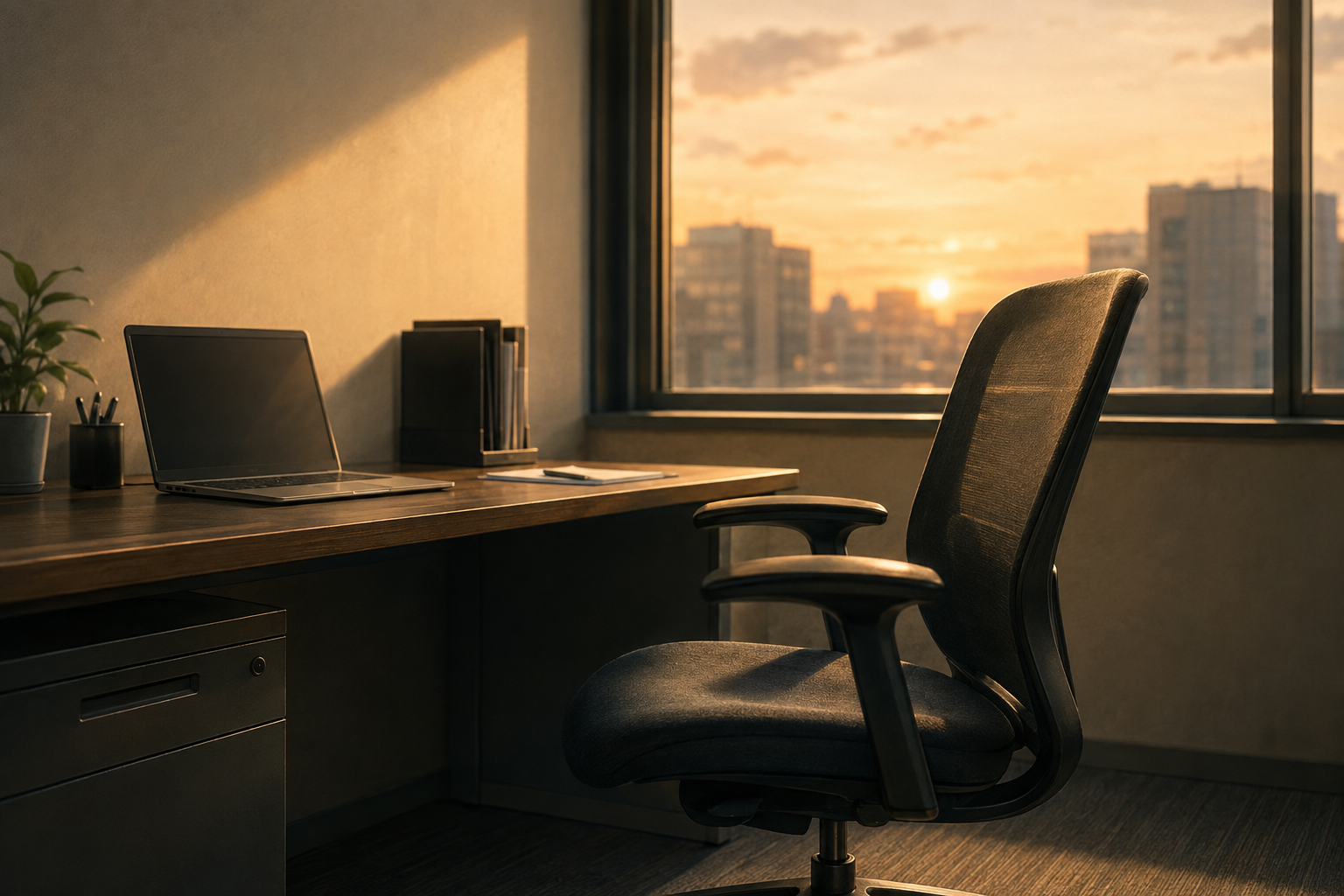 An empty office chair beside a quiet desk in low evening light