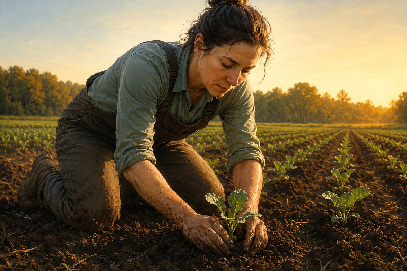 Gardener planting seedlings in a spring field