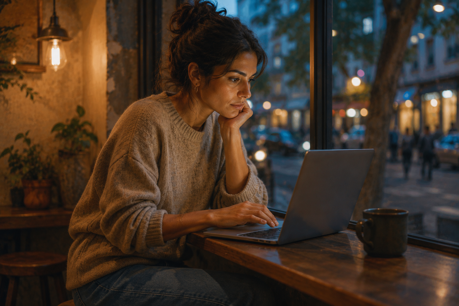 Person browsing course creator sites on a laptop at a coffee shop counter