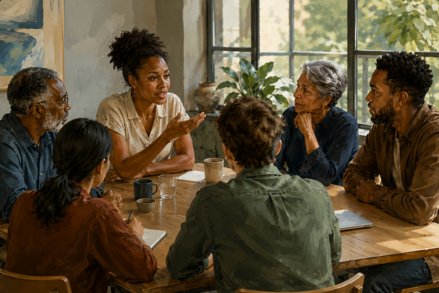Group of people in an informal discussion around a table