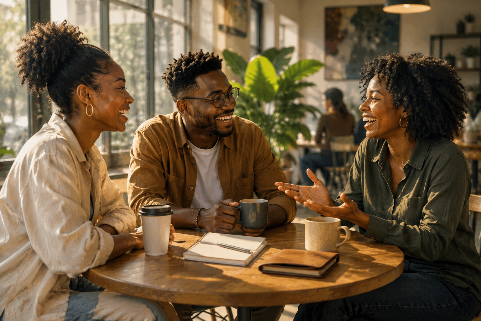 Three people talking and laughing around a small table in a bright co-working space