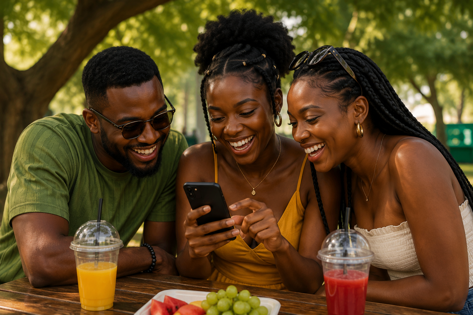 Three friends laughing together at an outdoor picnic table, one showing something on her phone