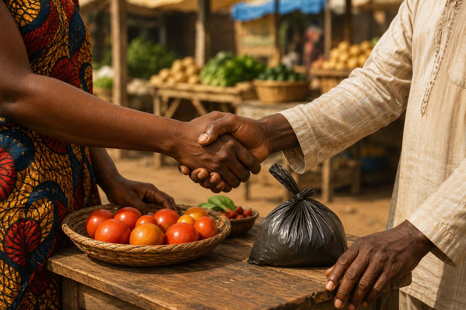 Close-up of two hands shaking over a small wooden table at an outdoor market stall