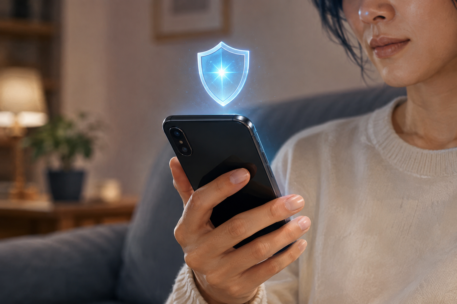 Close-up of a hand holding a smartphone showing a privacy shield
