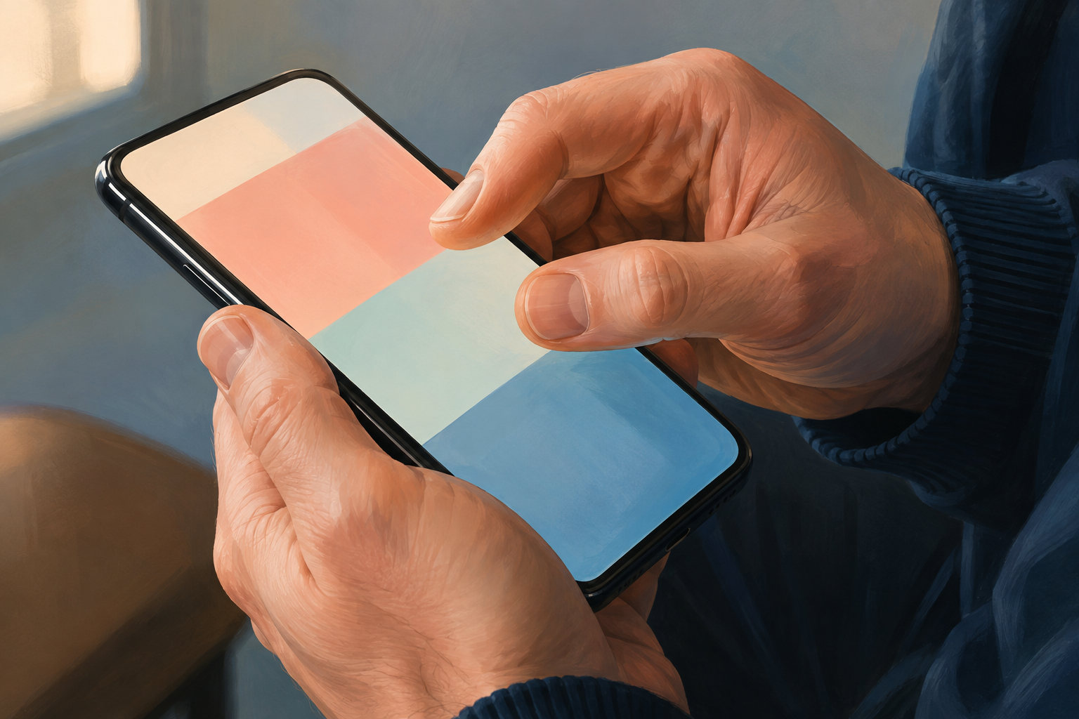Hands holding a phone showing an ad disclosure