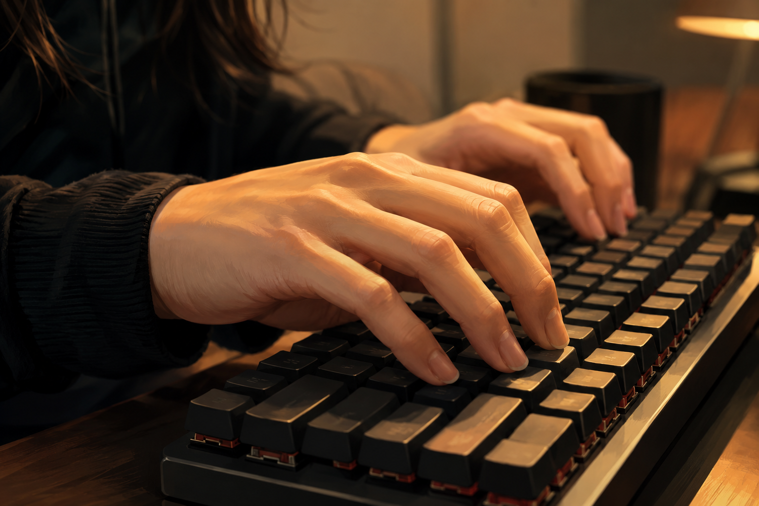 Close-up of hands typing a web address at a keyboard