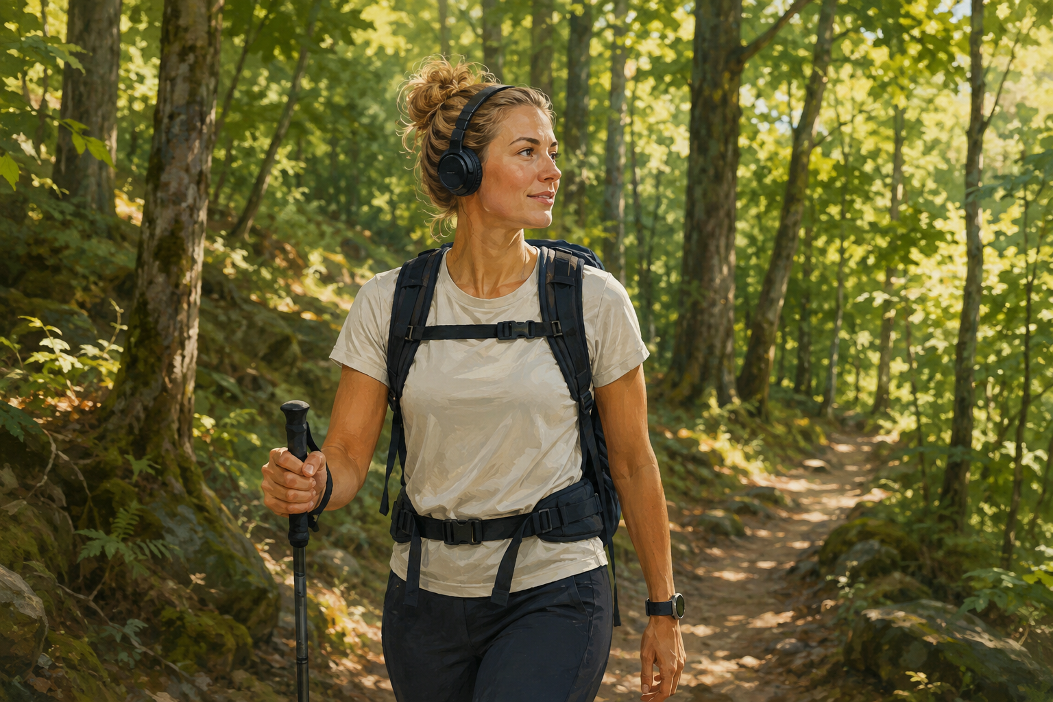 Person hiking outdoors on a trail while listening to a podcast with headphones