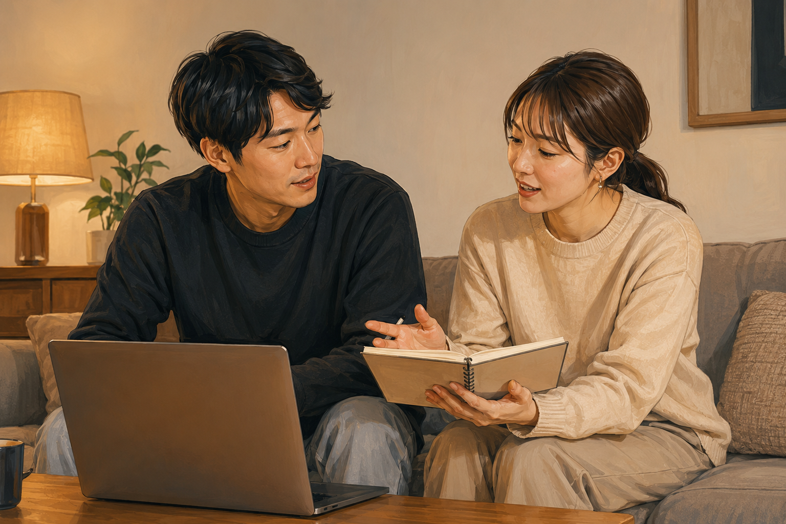 Two friends comparing notes on a laptop and a notebook in a bright living room