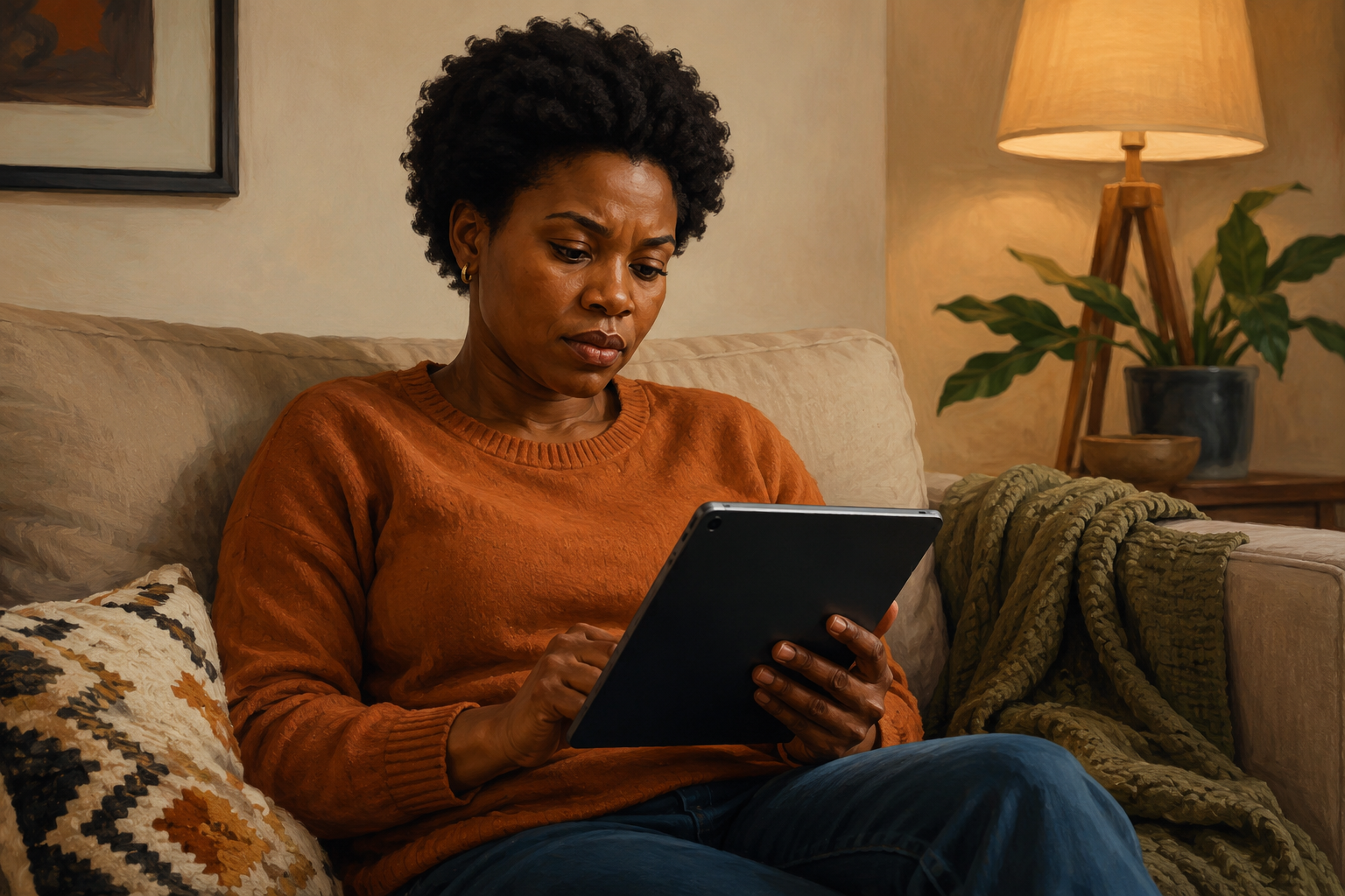 Affiliate marketer reviewing search competitors on a tablet from a couch