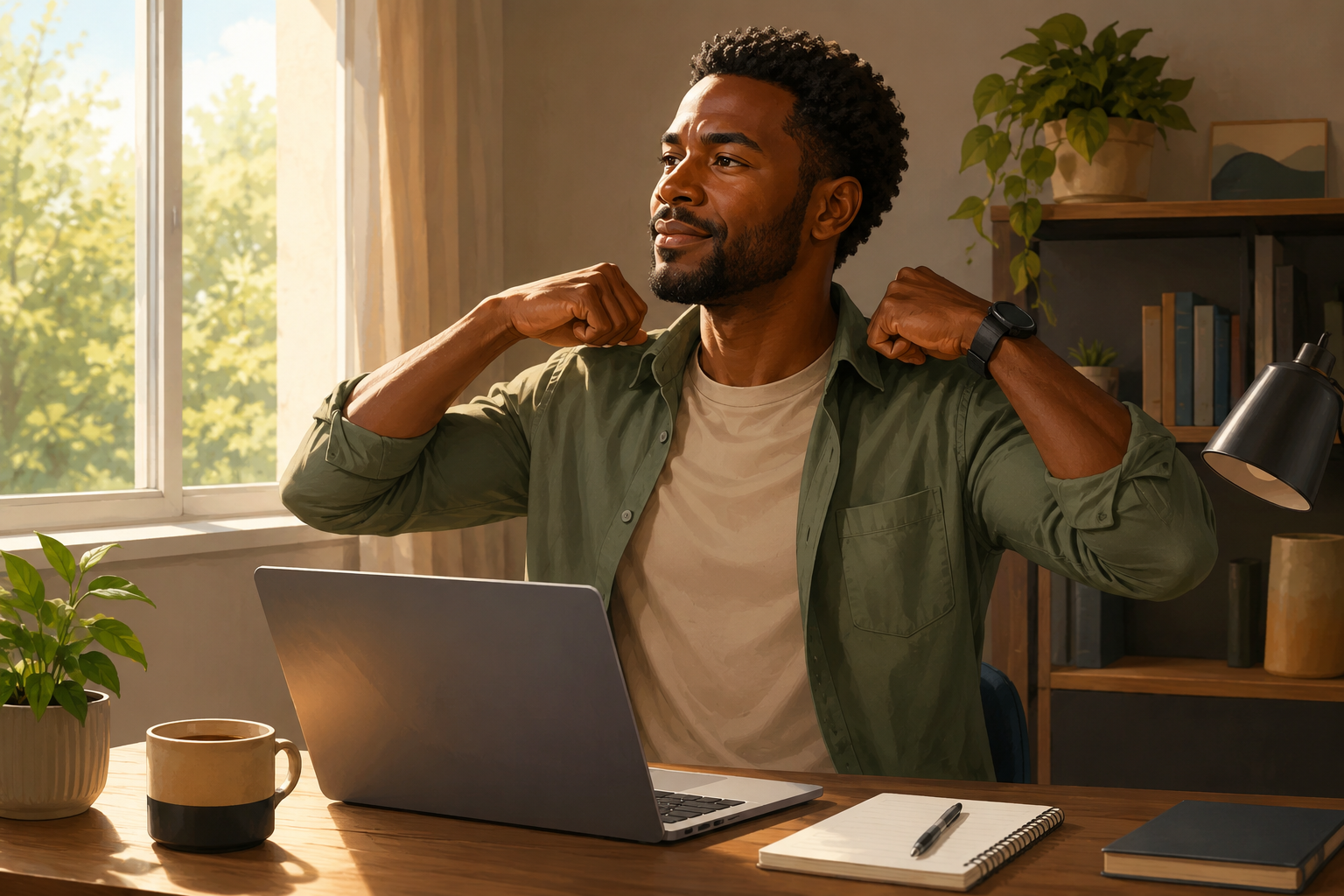 Person starting a fresh writing session with a warm drink and open laptop