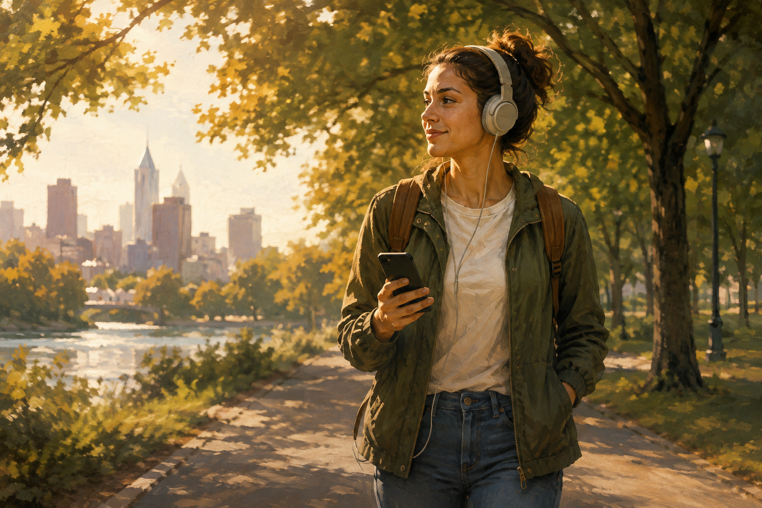 A person walking outdoors wearing headphones along a tree-lined path
