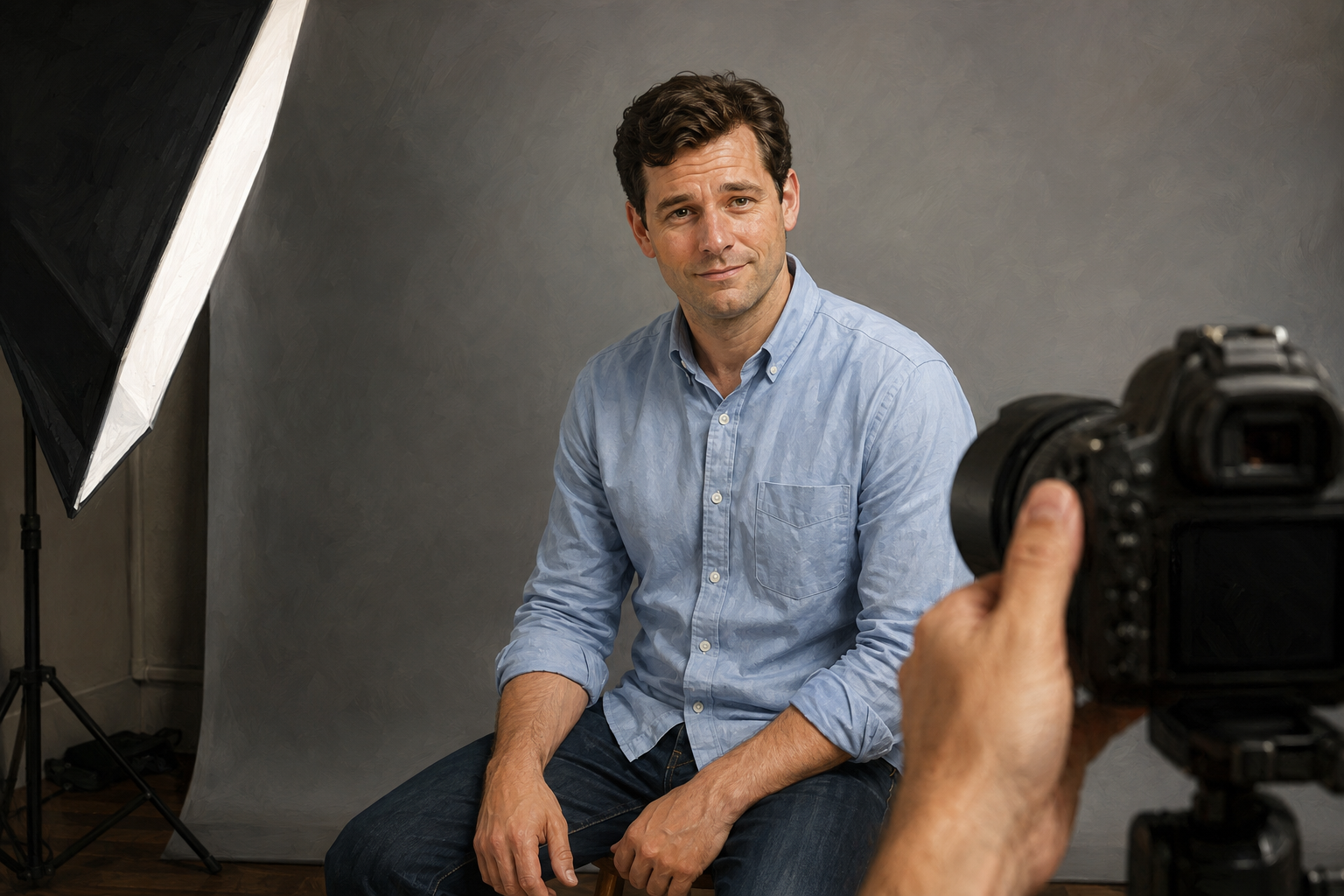 A man having a professional headshot taken in a small photo studio