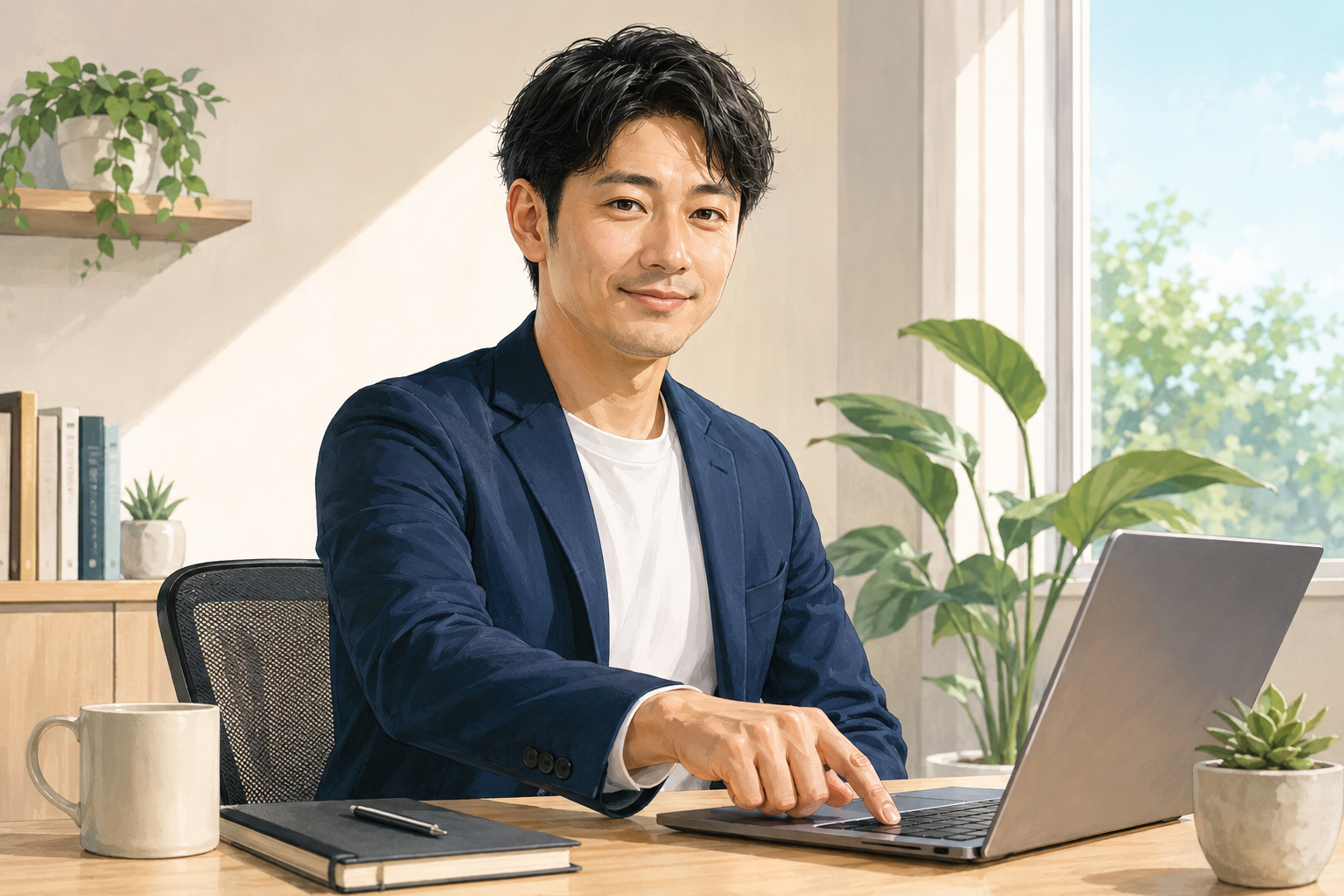 A person confidently publishing a post on a laptop in a sunlit workspace