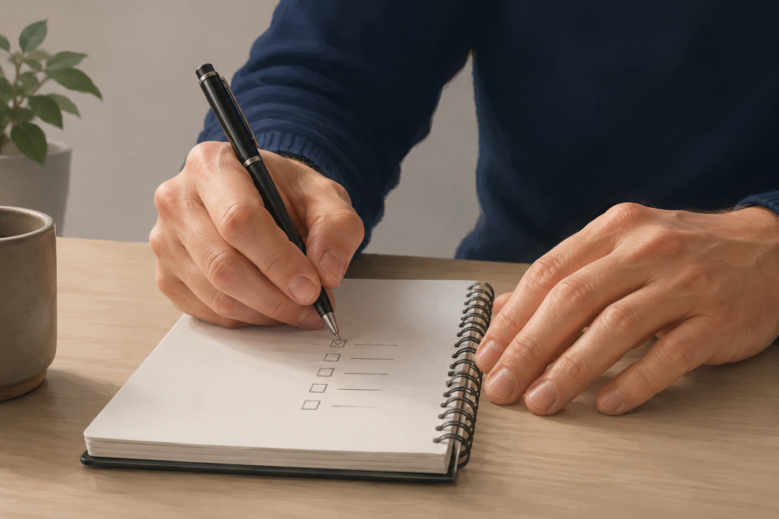 Close-up of hands writing notes in a notebook with a checklist