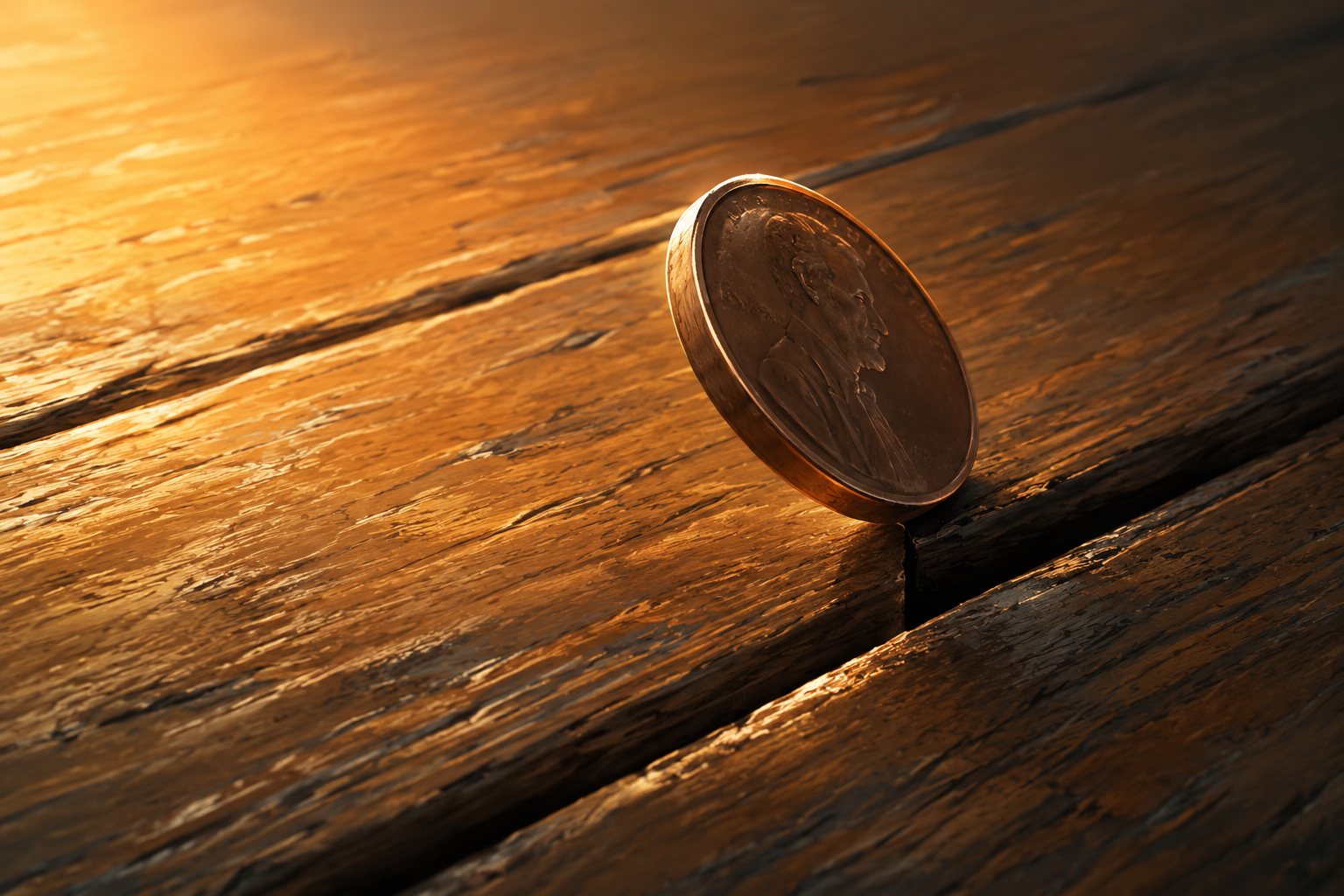A single dropped coin rolling away on a wooden floor, close-up
