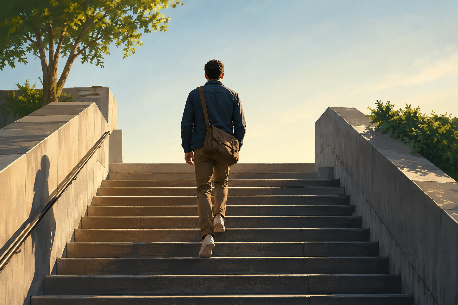 Person climbing outdoor stairs in morning light