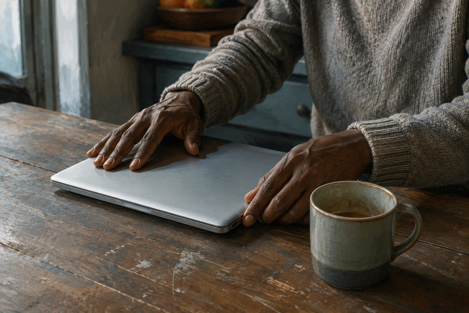 Close-up of hands closing a laptop and pushing it away on a kitchen table